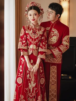2023 Жених Невесты в Китайском стиле Ципао, Изысканное Свадебное платье с Вышивкой Дракона и Феникса, одежда для тостов