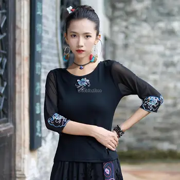 2023 новый китайский этнический стиль, круглый вырез, вышитая модальная сетчатая прострочка, дизайнерская рубашка, женский летний повседневный китайский топ в стиле ретро s572