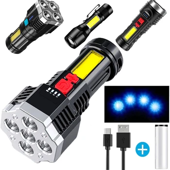 5 светодиодных фонарей, USB Перезаряжаемый фонарик, дальность действия 500 м, 4 режима переключения, фонарь, Патруль, Самооборона, Тактический фонарик, мощный