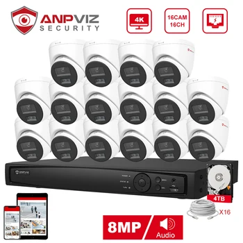Anpviz 16CH 4K NVR 8MP POE IP Индивидуальная Камера Plug & Play System CCTV Комплект Наружного Видеонаблюдения Удаленный Просмотр H.265 IR 30m