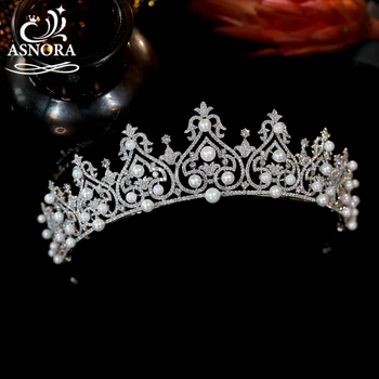 ASNORA Роскошный Свадебный головной убор с кристаллами CZ и геометрической графикой, Жемчужная корона, Диадема для новобрачных, Свадебная повязка на голову, свадебные аксессуары для волос