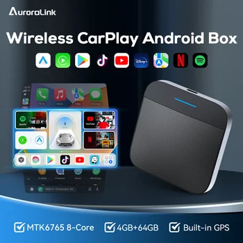 AuroraLink Ai Box Проводной к беспроводному CarPlay Android Auto 8-Ядерный 4GLTE 128GTF GPS HDMI Для YouTube Netflix Google Store IPTV