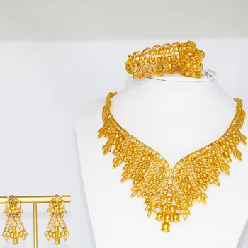 Conjuntos de joias etíopes africanas 24k ouro para mulheres presentes de casamento dubai noiva colar brincos anel conjunto colar