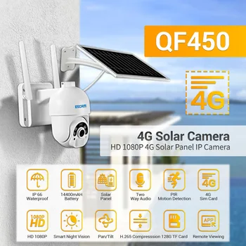 ESCAM QF450 1080P Облачное хранилище 4G Sim-карта Аккумулятор PIR Сигнализация купольная IP-камера С Солнечной Панелью Полноцветное Ночное Видение Двухстороннее