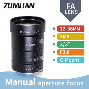 FA 5MP C-Mount 12-36 мм Объектив с переменным фокусным расстоянием 2/3 Дюйма с низким уровнем искажений F2.8 Ручная Фокусировка Диафрагмой Для Машинной камеры Видеонаблюдения Visio Zoom