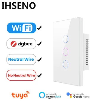 IHSENO Tuya WiFi/Zigbee Умный Выключатель света Нейтральный провод/Не требуется Нейтральный провод Настенный Сенсорный выключатель Работает с Alexa Google Home