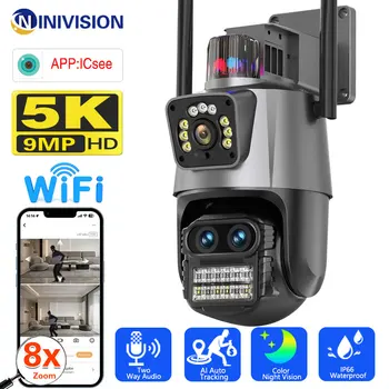 IP-камера 8MP 4k WiFi с тремя Объективами и Двойным Экраном, Камера видеонаблюдения, Полицейская Световая Сигнализация, Уличная PTZ-Камера ICSEE