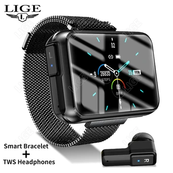 LIGE Мужские Женские Умные Часы TWS Наушники 2 в 1 Частота сердечных Сокращений Кровяное Давление Полный Сенсорный Bluetooth Вызов Смарт-Часы Для Android IOS