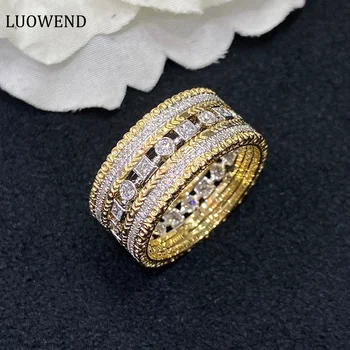 LUOWEND из желтого и белого золота 18 Карат с натуральными бриллиантами 0,87 карата, Модное кольцо с широкой гравировкой, полный круг, для женщин, для Высокой свадебной вечеринки