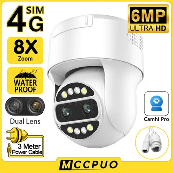 Mccpuo 6MP 4G SIM-карта с Двумя Объективами PTZ WIFI Камера POE 8X Zoom AI Отслеживание Человека Безопасность CCTV IP-камера Наблюдения Camhi Pro