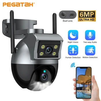PEGATAH 6-мегапиксельная PTZ-камера с двумя объективами, Уличная PTZ-камера с автоматическим отслеживанием, Wifi-камера видеонаблюдения, Двухсторонняя Цветная ночная IP-камера