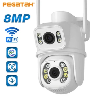PEGATAH 8MP 4K IP Wifi Камера С Двойным Объективом и Двойным Экраном Ai Human Detect Автоматическое Отслеживание Наружных Камер наблюдения iCSee App