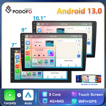 Podofo Android 13 4 + 64G 7/9/10 дюймов Автомобильный стерео Радиоприемник Для Универсального WIFI Carplay Android Авто Bluetooth FM-приемник Без 4G WIFI