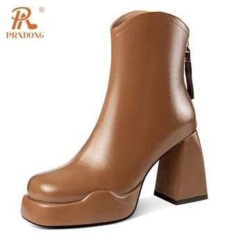 PRXDONG, Новый бренд, натуральная кожа, высокие массивные каблуки, платформа, черное коричневое платье на молнии, осенне-зимняя теплая обувь, Размер 34-40