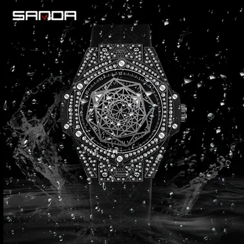 SANDA Модные новые мужские часы с инкрустированным бриллиантами циферблатом, светящиеся водонепроницаемые деловые мужские наручные часы с автоматической механикой, лучший бренд,