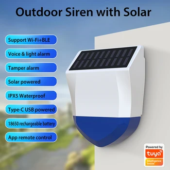Tuya Smart Wifi Siren Alarm Водонепроницаемый открытый с питанием от солнечной батареи 95dB Звук сирены, световая сигнализация, датчик обнаружения несанкционированного доступа