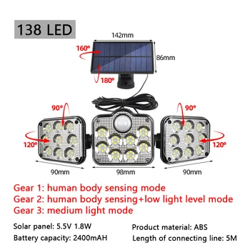 Безопасный светодиодный прожектор IP65 Водонепроницаемый, 3 режима работы, Садовые фонари, Солнечные светильники, Уличный светодиодный Регулируемый Настенный светильник