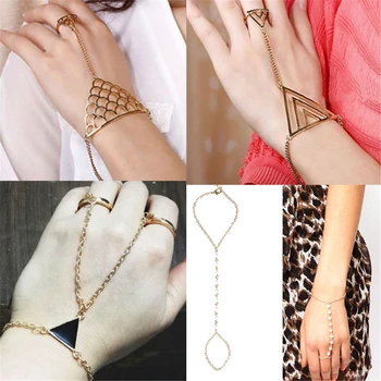 Браслет на палец в стиле панк, треугольный соединенный браслет, цепочка на запястье, ювелирные изделия, браслеты на заднюю часть руки, женские украшения на руку