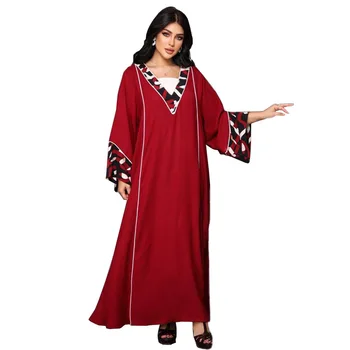 Вечернее платье с длинным рукавом Slevee Плюс Размер, V-образный вырез, Расклешенный рукав, Арабский халат с ближневосточным принтом, Сращивание, Красная Абайя