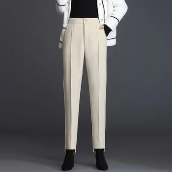 Высококачественные зимние плотные шерстяные брюки-карандаш для женщин 2021, Офисные женские брюки с высокой талией и карманами, Элегантные брюки длиной до щиколотки Бежевого цвета