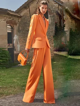 Высококачественный Новейший модный Дизайнерский костюм для подиума 2023, Женский Блейзер с металлическими кольцами на одной пуговице, Комплект широких брюк