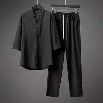Для отдыха, однотонные мужские комплекты из двух предметов, однотонные Свободные топы и брюки на пуговицах с воротником-стойкой, мужские костюмы для отдыха