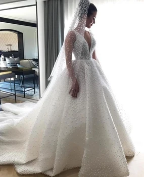 Дубай, Африка, Новые Элегантные Свадебные платья без рукавов с V-образным вырезом 2020, Свадебные платья принцессы с жемчугом, Robe De Mariee