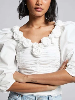 Женская милая блузка с пышными рукавами, плиссированный объемный цветок с V-образным вырезом, Летняя Женская рубашка на молнии 2023