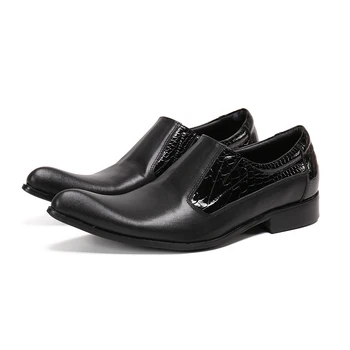Зимняя черная мужская обувь, высококачественные модельные туфли без застежки, модная обувь из натуральной кожи с острым носком, Размер 47
