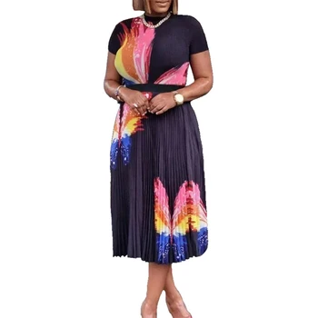 Комплект с юбкой в африканском стиле, женская футболка, топ и плиссированная юбка, летний костюм, новая мода, уличная одежда с принтом бабочки, африканские наряды