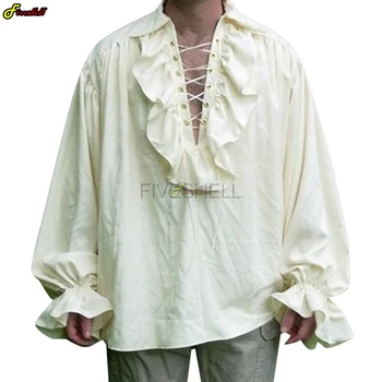 Мужская Пиратская рубашка на Шнуровке для Хэллоуина, Средневековый принц-вампир, Рубашки-поэты, Оборки Пиратов, Белая Винтажная Готическая Блузка Викингов, Топы