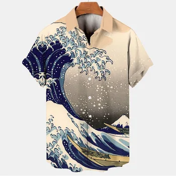 Мужские гавайские рубашки с 3D-принтом в стиле ретро, Океанская волна, Повседневные модные летние мужские рубашки, Большие размеры, Короткие рукава, Свободные топы с лацканами