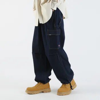 Мужские джинсы, Новые Японские Свободные брюки-карго, Модные трендовые широкие брюки для мужчин, Уличная одежда, Мешковатые брюки, брюки полной длины
