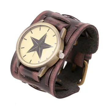 Мужские и женские часы в стиле панк из натуральной кожи, Винтажный браслет с широким обручем, часы с ремешком, Спортивные военные кварцевые часы, наручные часы