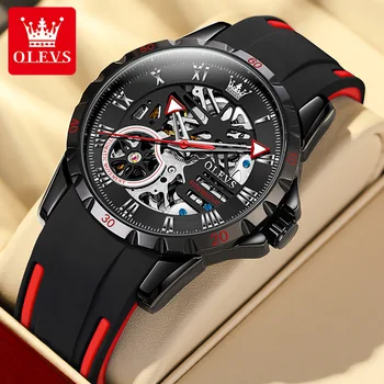 Мужские часы OLEVS, Выдалбливают Спортивные автоматические механические часы для мужчин, водонепроницаемый силиконовый ремешок, Модный стиль хип-хоп