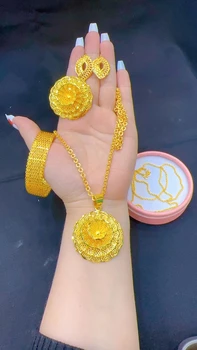 Новое 24-каратное позолоченное ожерелье, серьги, браслеты, кольца, комплект ювелирных изделий для женщин DD10133
