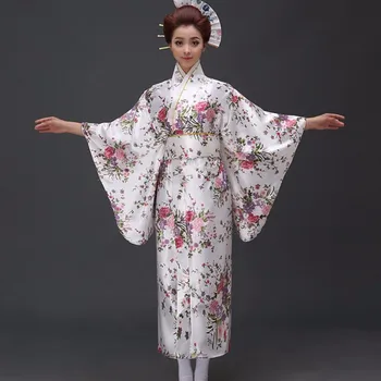 Новое Поступление, Традиционное японское атласное Кимоно, Классическая Юката с Оби, Сексуальное Винтажное женское платье для выпускного вечера в цветочек, Один размер