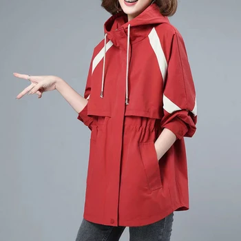 Новый тренч средней длины, Женская Демисезонная куртка с капюшоном и длинными рукавами, Корейская мода, приталенное пальто, Повседневная Свободная куртка