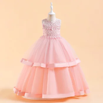 Розовое Кружевное Платье Принцессы на Свадьбу, Платье с цветочным узором для девочек, Тюлевое Бальное платье, Вечернее Платье для Первого Причастия