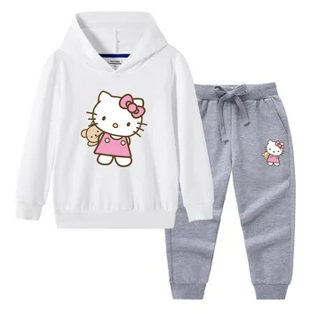 Толстовка с капюшоном Hello Kitty для девочек, Спортивный топ, Брюки, Детская одежда из двух предметов, Чистый хлопок, Длинный рукав, Милый Модный Детский комплект для малышей